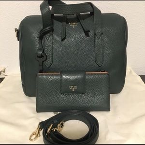Fossil Sydney Satchel & Wallet Hunter Green EUC